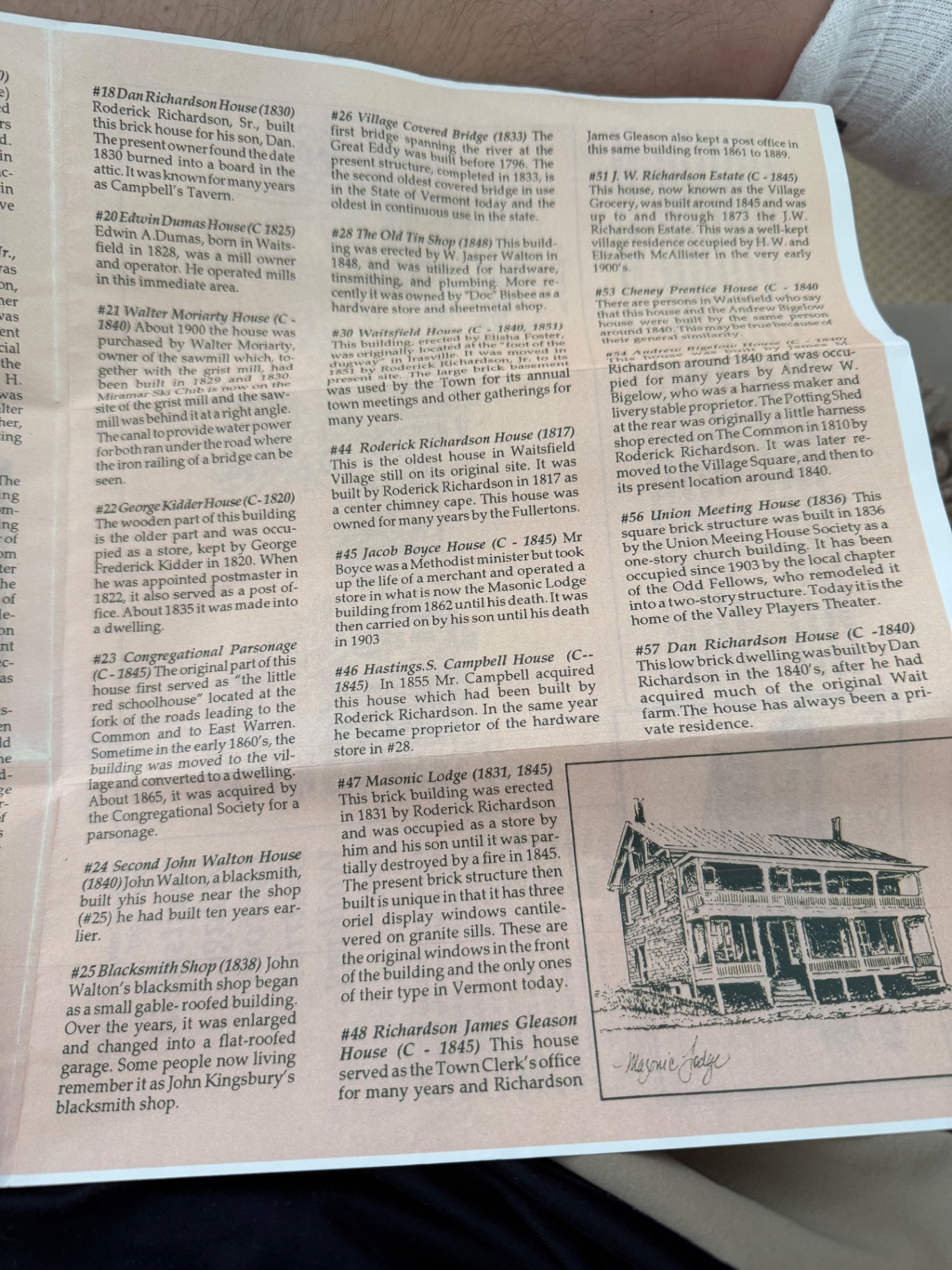 Interior panel of the walking tour brochure listing descriptions for stops 18 through 57