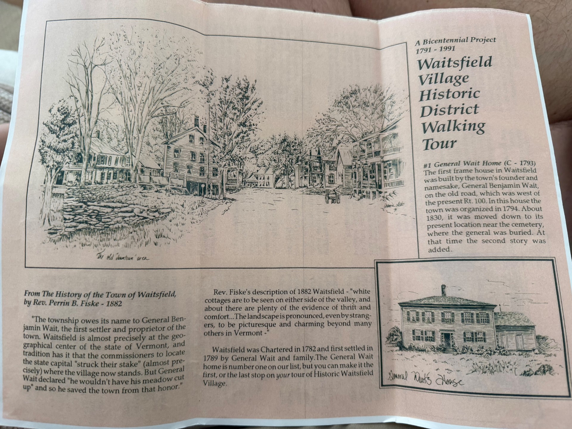 Cover panel of the 1991 Waitsfield Village Historic District Walking Tour brochure, with a pen-and-ink drawing of the old downtown area